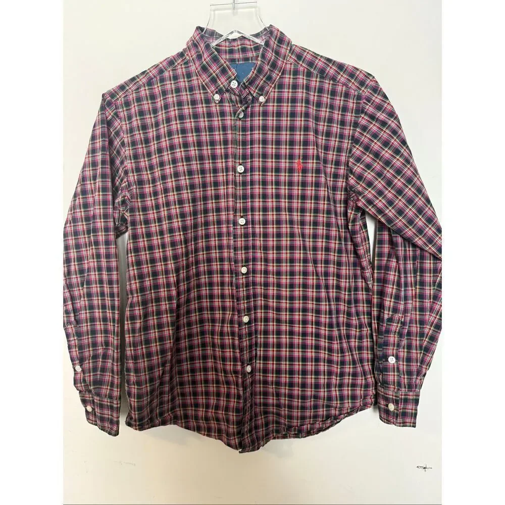 Ralph Lauren Youth Large Plaid Button Down Shirt 100% Cotton Preppy Holiday Phot